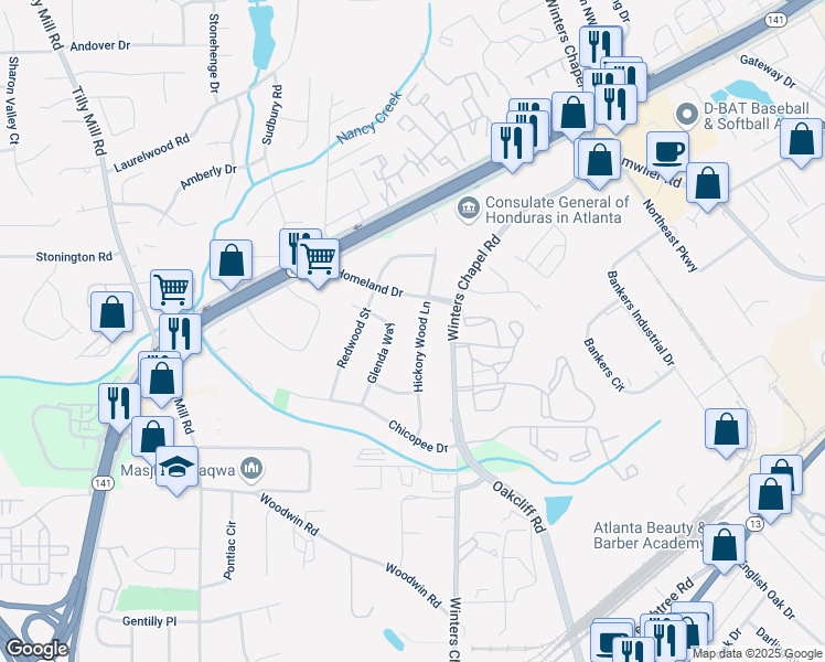 map of restaurants, bars, coffee shops, grocery stores, and more near 4400 Hickory Wood Lane in Atlanta