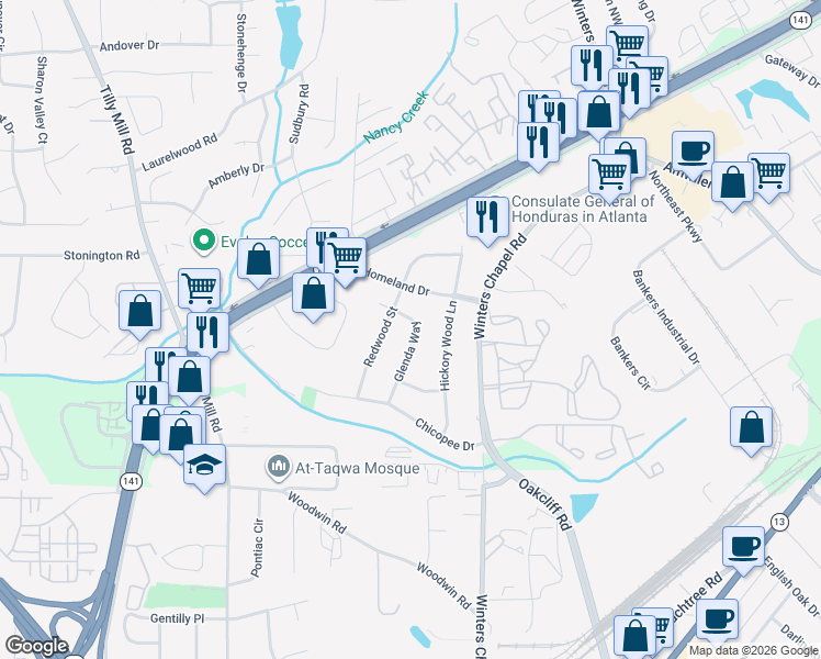 map of restaurants, bars, coffee shops, grocery stores, and more near 4412 Glenda Way in Doraville