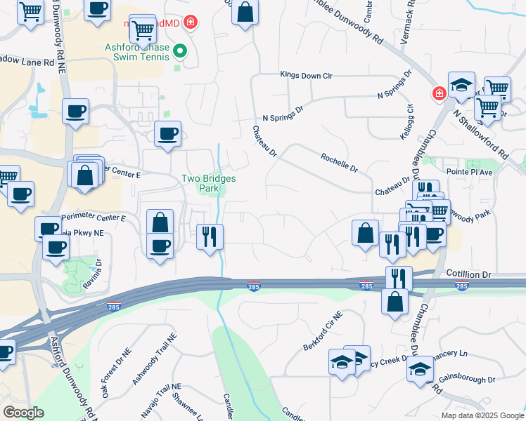 map of restaurants, bars, coffee shops, grocery stores, and more near 1544 Bishop Hollow Run in Dunwoody