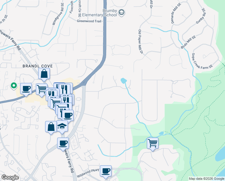 map of restaurants, bars, coffee shops, grocery stores, and more near 3198 Lakeridge Drive Southeast in Marietta