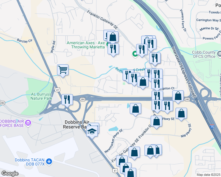 map of restaurants, bars, coffee shops, grocery stores, and more near 1202 Ashborough Terrace in Marietta