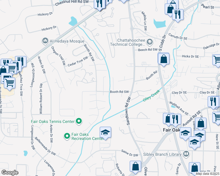 map of restaurants, bars, coffee shops, grocery stores, and more near 1135 Booth Court Southwest in Marietta