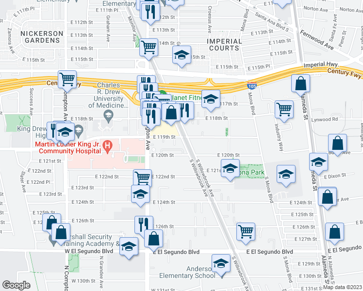 map of restaurants, bars, coffee shops, grocery stores, and more near 11919 Willowbrook Avenue in Los Angeles