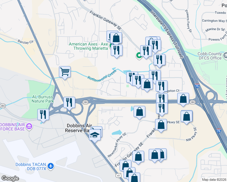 map of restaurants, bars, coffee shops, grocery stores, and more near 1202 Ashborough Terrace in Marietta