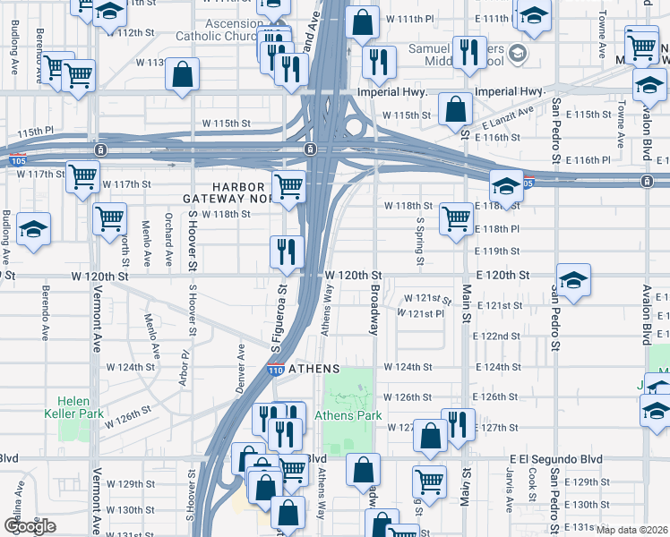 map of restaurants, bars, coffee shops, grocery stores, and more near 333 West 120th Street in Los Angeles