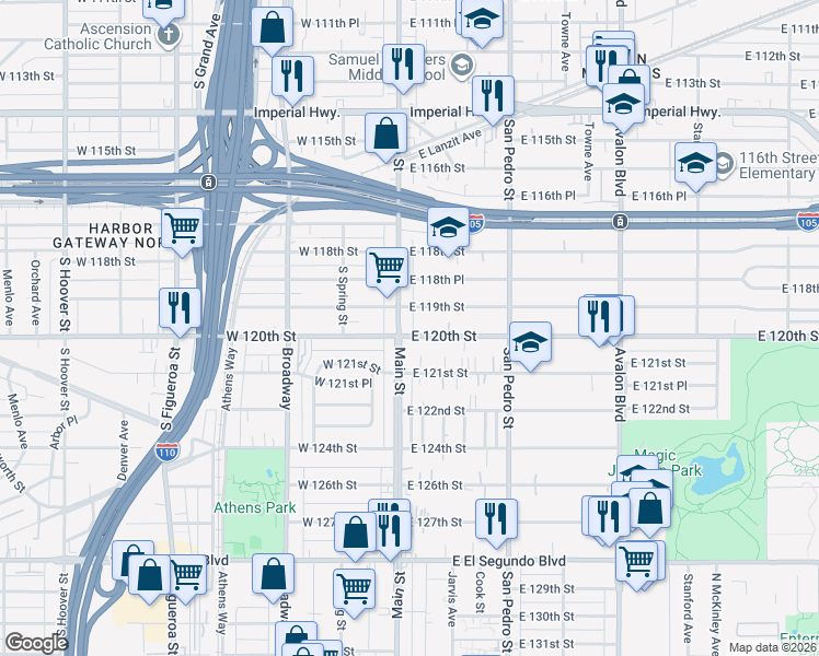map of restaurants, bars, coffee shops, grocery stores, and more near 11924 Main Street in Los Angeles