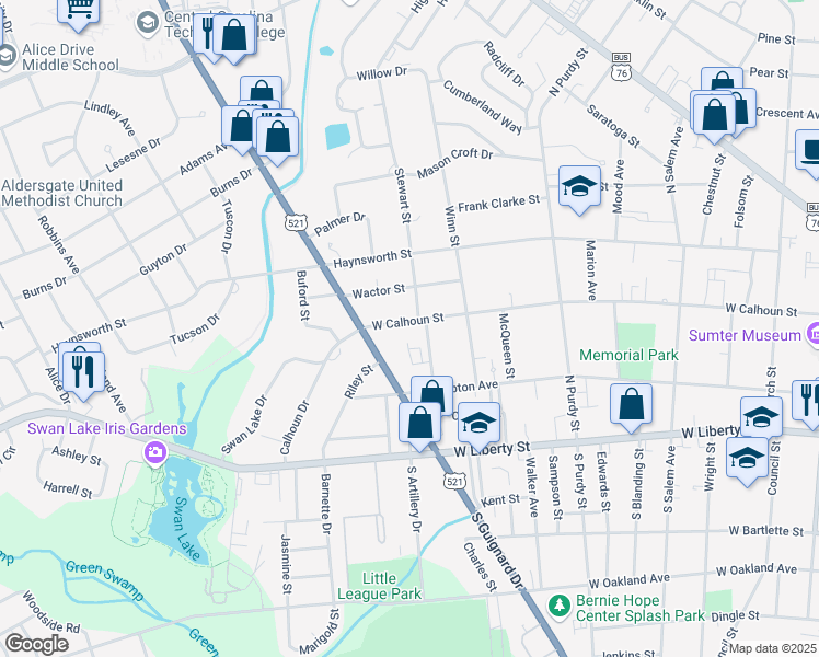map of restaurants, bars, coffee shops, grocery stores, and more near 528 West Calhoun Street in Sumter