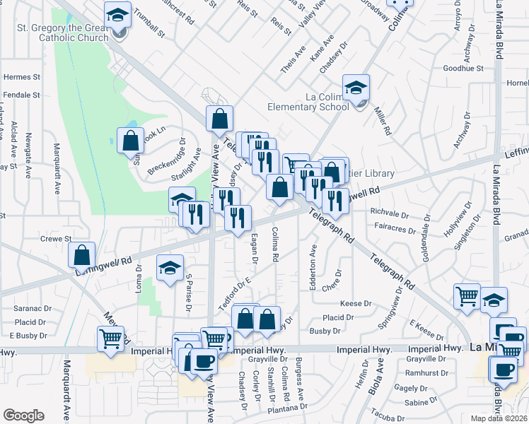 map of restaurants, bars, coffee shops, grocery stores, and more near 11751 Colima Road in Whittier