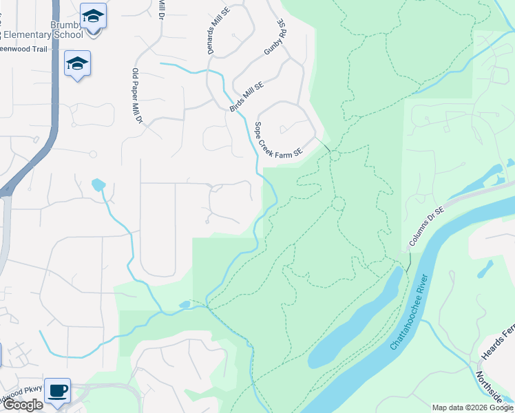 map of restaurants, bars, coffee shops, grocery stores, and more near 1040 Woodruff Plantation in Marietta