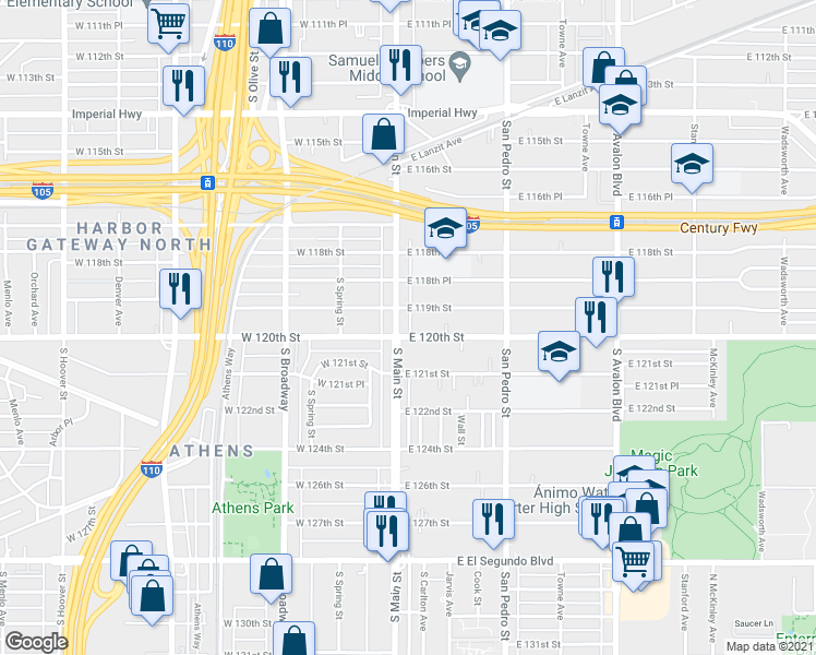 map of restaurants, bars, coffee shops, grocery stores, and more near 11924 South Main Street in Los Angeles
