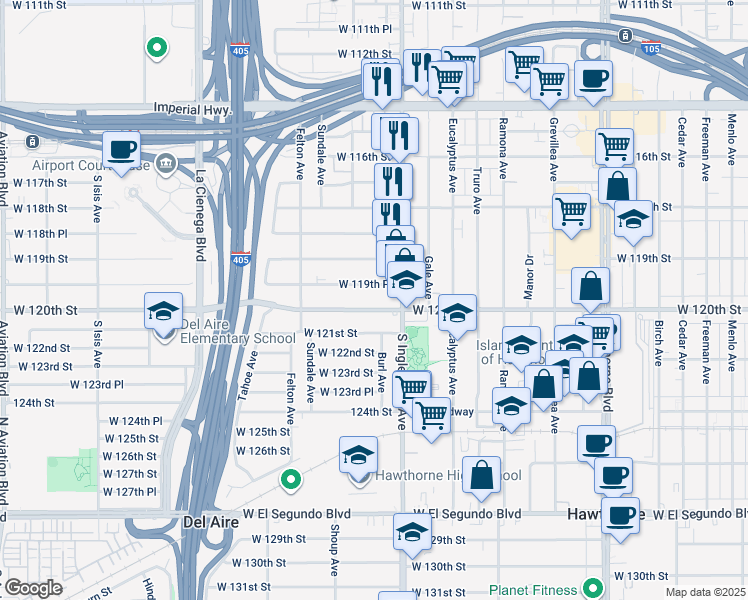 map of restaurants, bars, coffee shops, grocery stores, and more near 4829 West 120th Street in Hawthorne