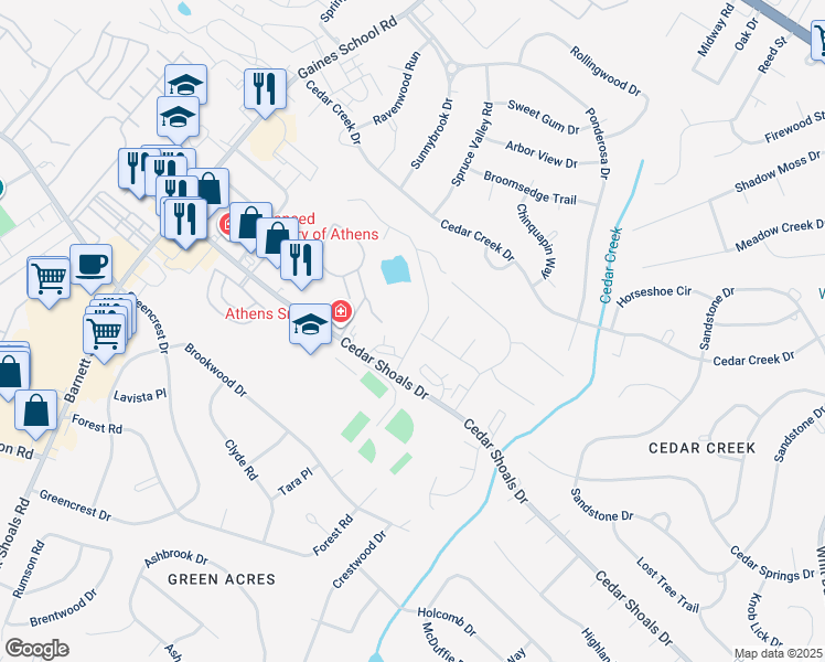 map of restaurants, bars, coffee shops, grocery stores, and more near 111 Spring Lake Drive in Athens