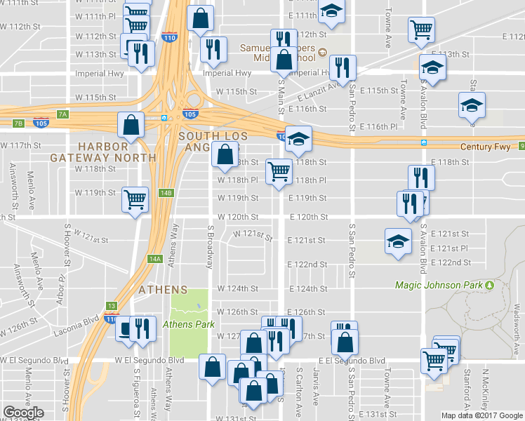 map of restaurants, bars, coffee shops, grocery stores, and more near 129 W 120th St in Los Angeles