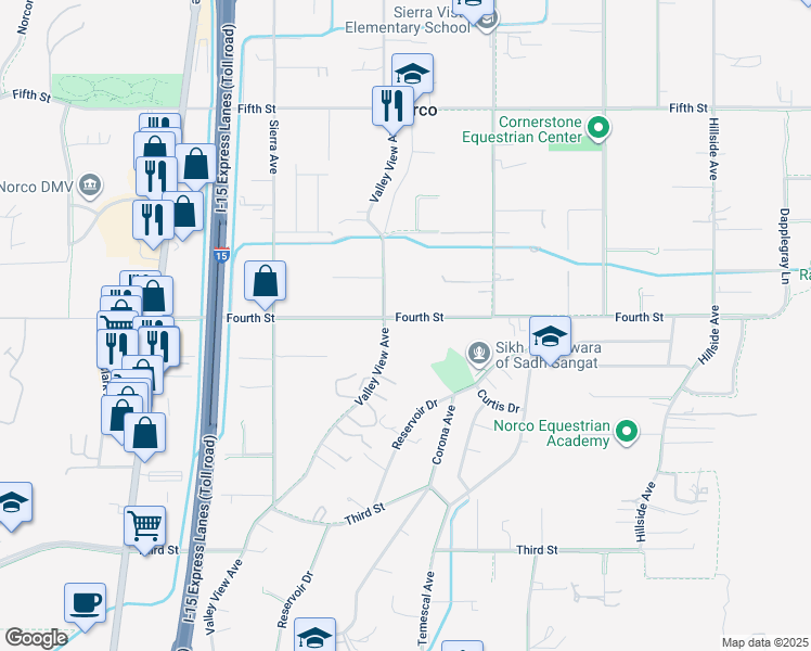 map of restaurants, bars, coffee shops, grocery stores, and more near 1260 4th Street in Norco