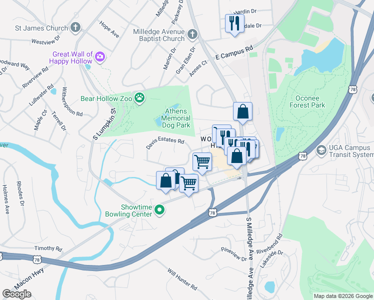 map of restaurants, bars, coffee shops, grocery stores, and more near 110 Julia Ann Circle in Athens