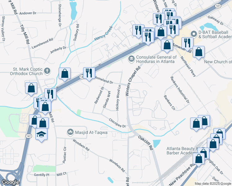 map of restaurants, bars, coffee shops, grocery stores, and more near 4400 Hickory Wood Lane in Atlanta