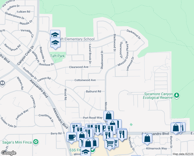 map of restaurants, bars, coffee shops, grocery stores, and more near 276 Cottonwood Avenue in Riverside