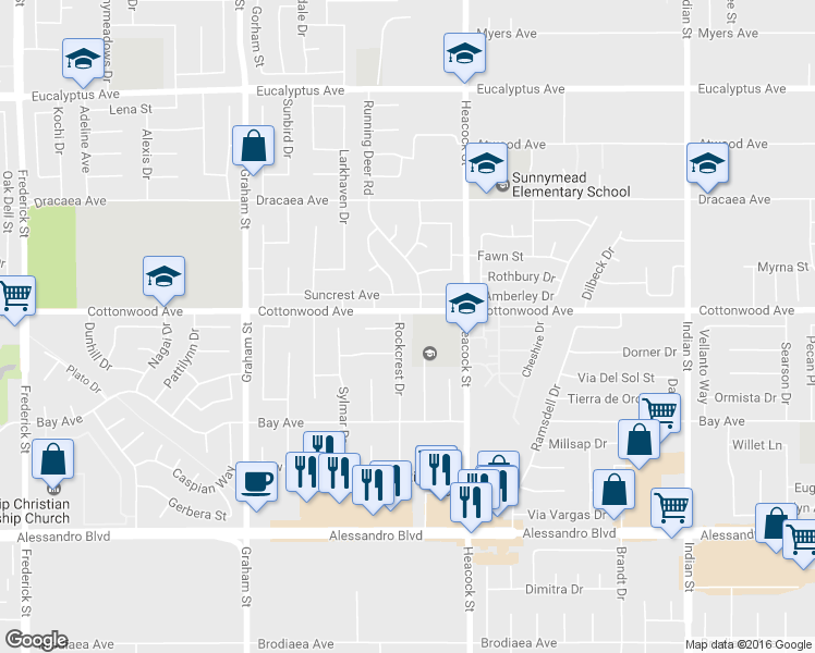 map of restaurants, bars, coffee shops, grocery stores, and more near 13532 Rockcrest Drive in Moreno Valley