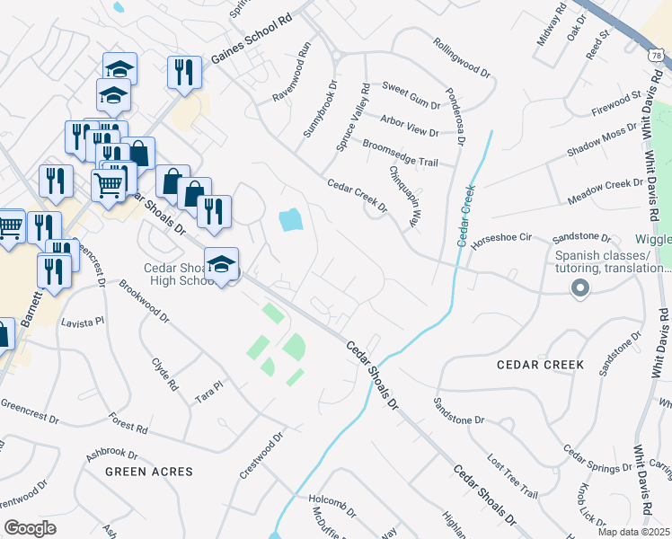 map of restaurants, bars, coffee shops, grocery stores, and more near 104 Vintage Court in Athens