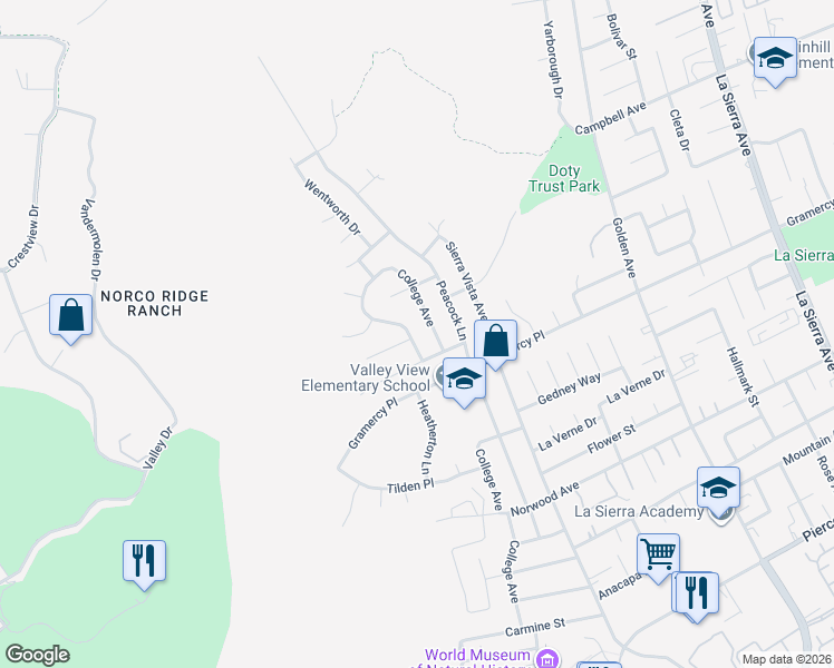 map of restaurants, bars, coffee shops, grocery stores, and more near 5393 Circle View Drive in Riverside