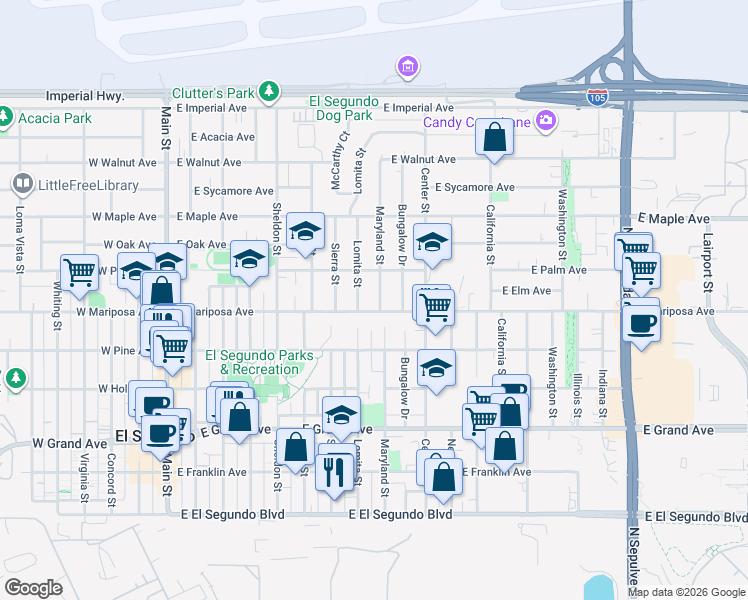 map of restaurants, bars, coffee shops, grocery stores, and more near 615 Maryland Street in El Segundo