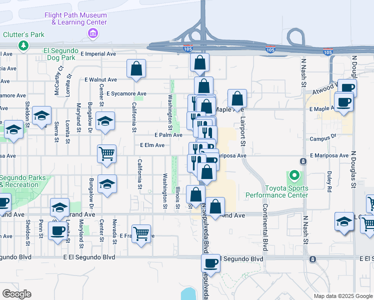 map of restaurants, bars, coffee shops, grocery stores, and more near 608 Illinois Court in El Segundo