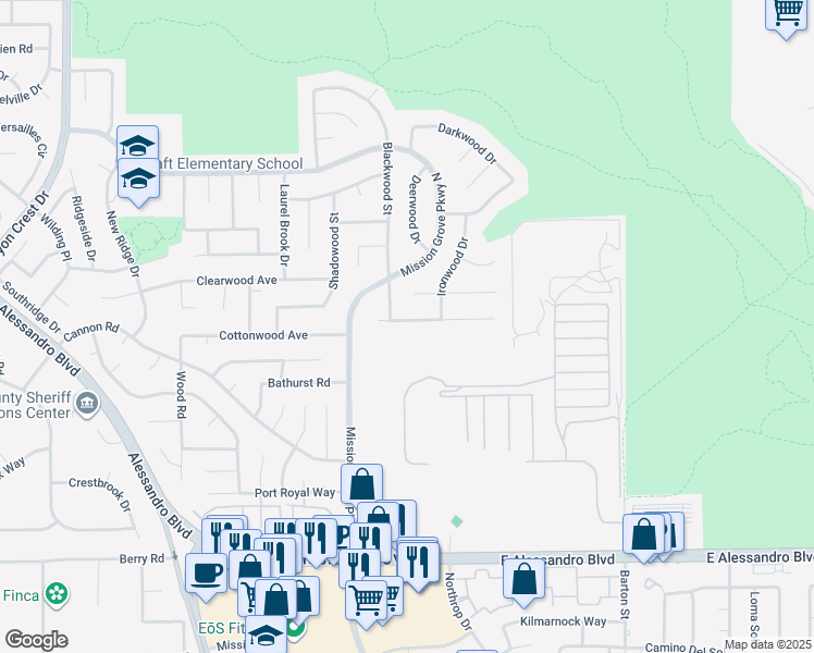 map of restaurants, bars, coffee shops, grocery stores, and more near 521 Peachwood Place in Riverside
