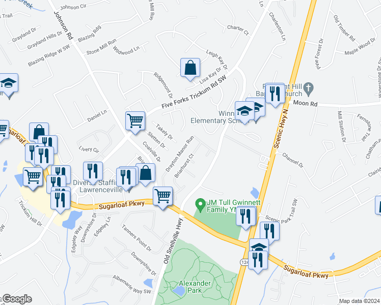 map of restaurants, bars, coffee shops, grocery stores, and more near 605 Briarhurst Court in Lawrenceville