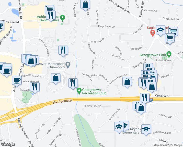 map of restaurants, bars, coffee shops, grocery stores, and more near 1544 Bishop Hollow Run in Dunwoody