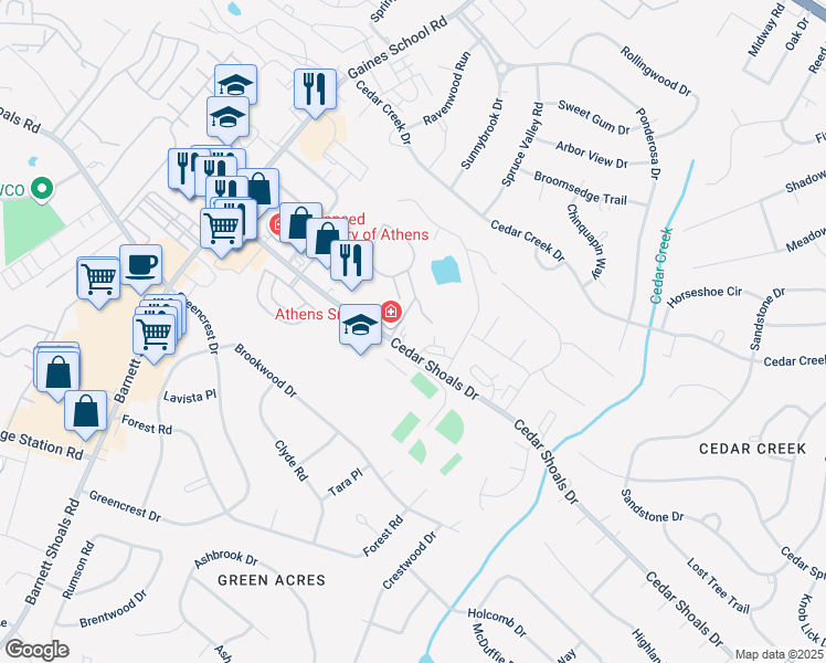 map of restaurants, bars, coffee shops, grocery stores, and more near 1291 Cedar Shoals Drive in Athens