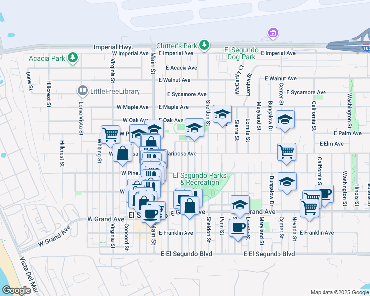 map of restaurants, bars, coffee shops, grocery stores, and more near 612 Eucalyptus Drive in El Segundo