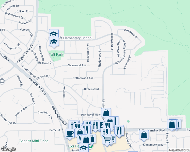 map of restaurants, bars, coffee shops, grocery stores, and more near 276 Cottonwood Avenue in Riverside