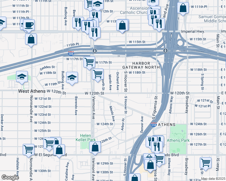 map of restaurants, bars, coffee shops, grocery stores, and more near 735 West 120th Street in Los Angeles