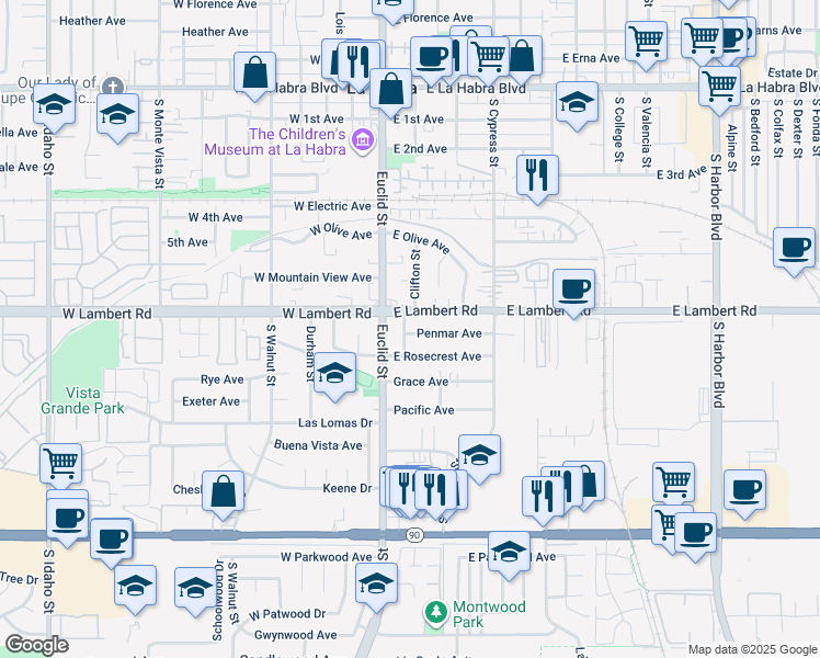 map of restaurants, bars, coffee shops, grocery stores, and more near 201 Penmar Avenue in La Habra