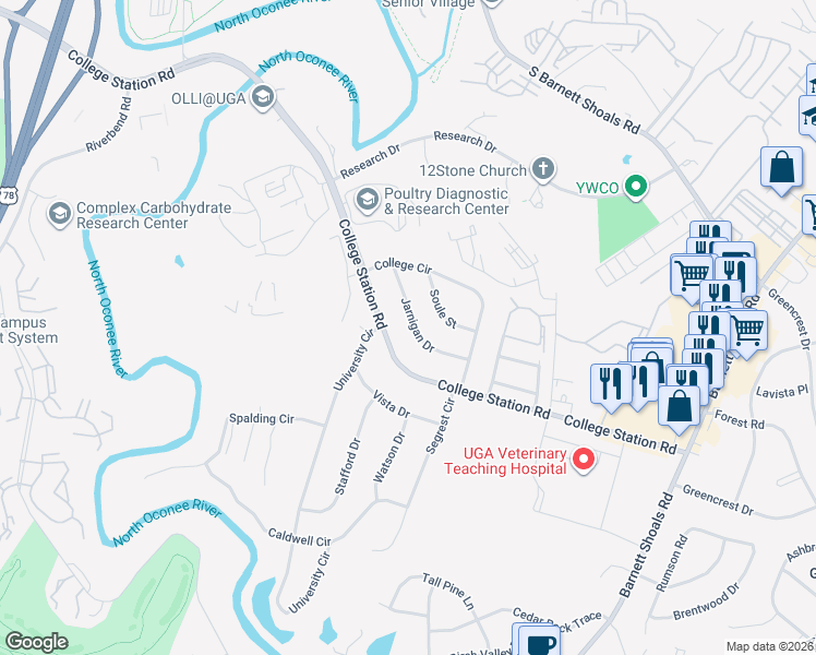 map of restaurants, bars, coffee shops, grocery stores, and more near 142 Jarnigan Drive in Athens