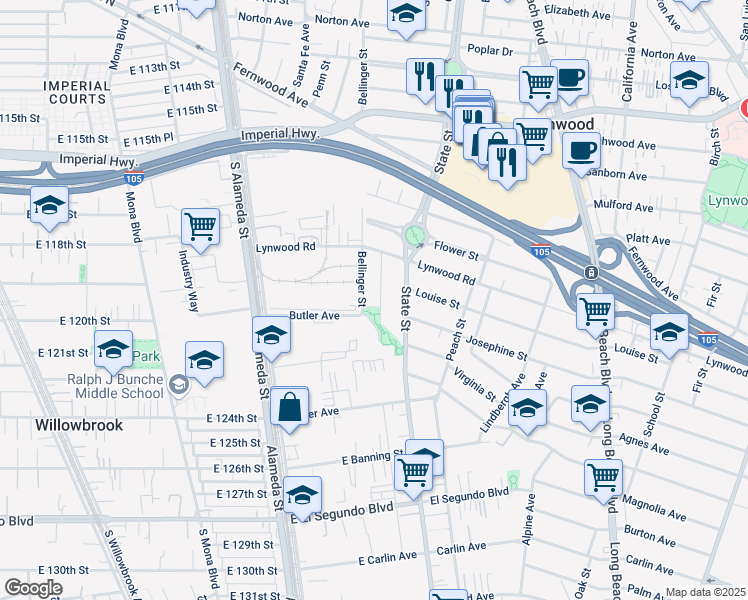 map of restaurants, bars, coffee shops, grocery stores, and more near 11661 Esther Street in Lynwood