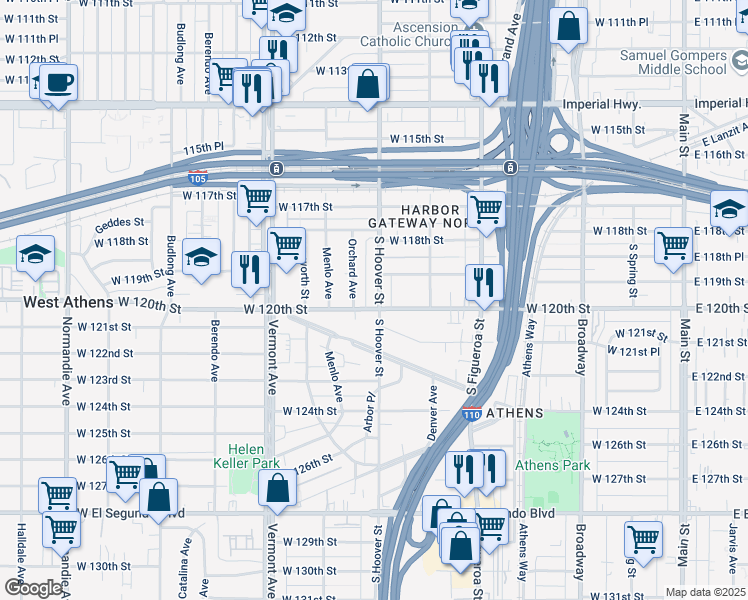 map of restaurants, bars, coffee shops, grocery stores, and more near 11935 South Hoover Street in Los Angeles
