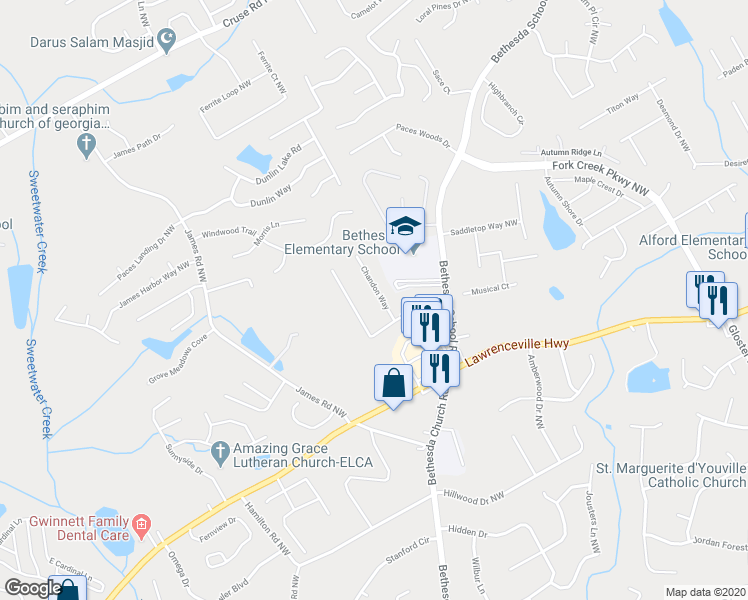 map of restaurants, bars, coffee shops, grocery stores, and more near 540 Chandon Way in Lawrenceville
