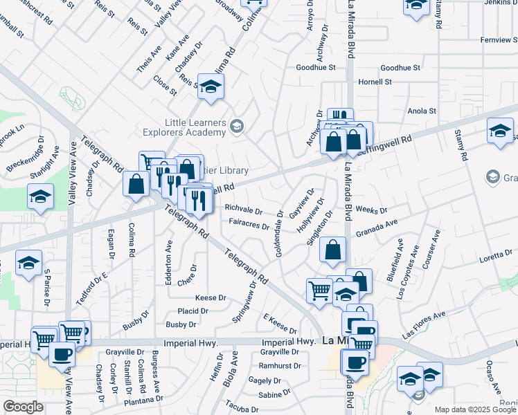 map of restaurants, bars, coffee shops, grocery stores, and more near 14739 Richvale Drive in La Mirada