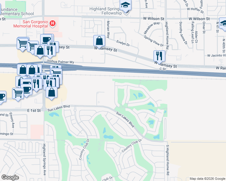 map of restaurants, bars, coffee shops, grocery stores, and more near 411 Northwood Avenue in Banning