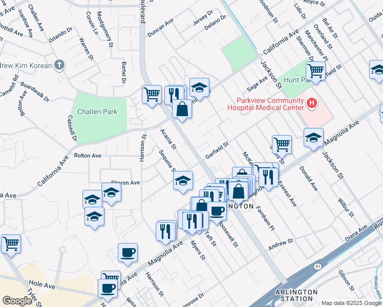 map of restaurants, bars, coffee shops, grocery stores, and more near 4042 Van Buren Boulevard in Riverside