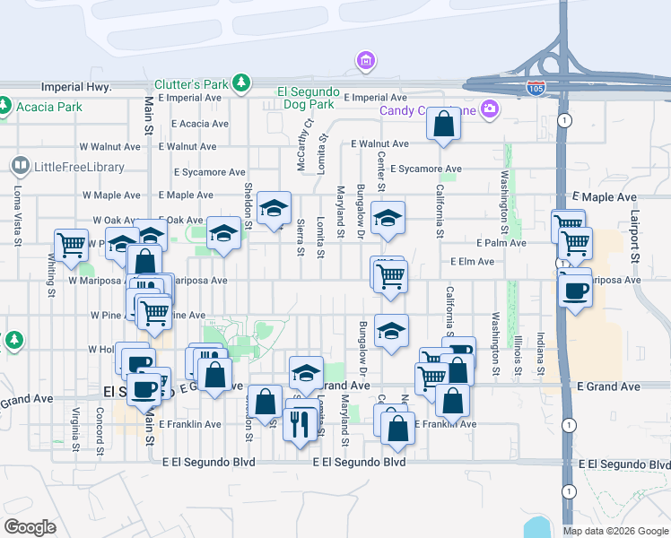 map of restaurants, bars, coffee shops, grocery stores, and more near 615 Maryland Street in El Segundo