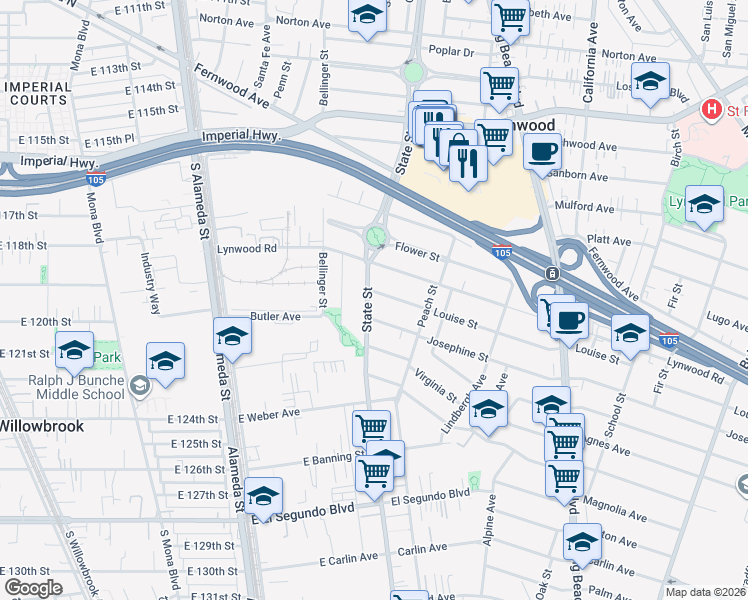 map of restaurants, bars, coffee shops, grocery stores, and more near 11706 State Street in Lynwood