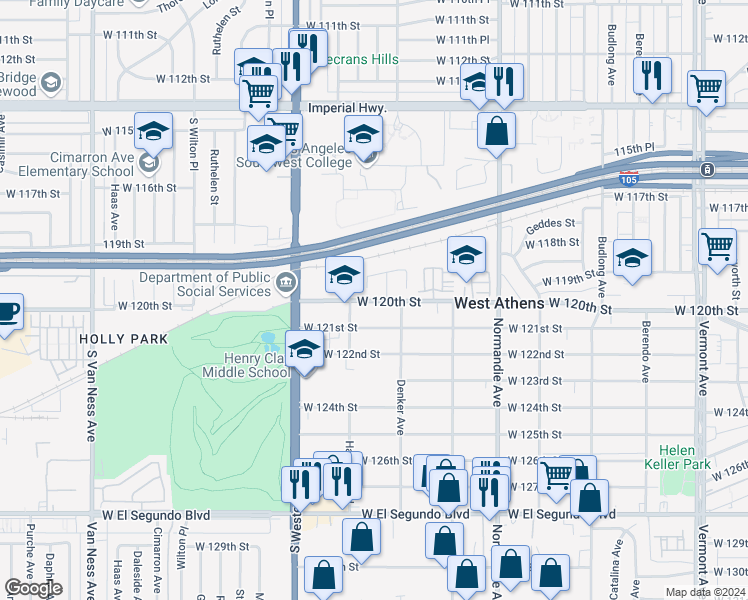 map of restaurants, bars, coffee shops, grocery stores, and more near 11905 South Trojan Avenue in Los Angeles
