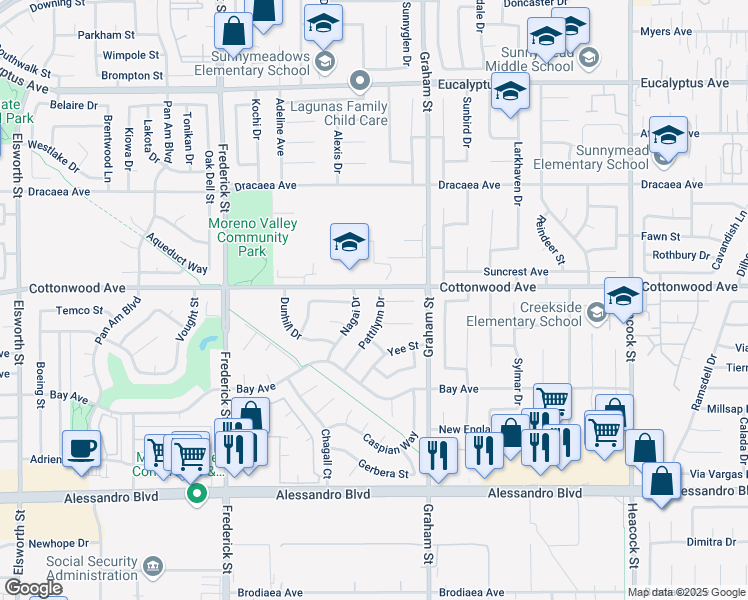 map of restaurants, bars, coffee shops, grocery stores, and more near 13529 Pattilynn Drive in Moreno Valley