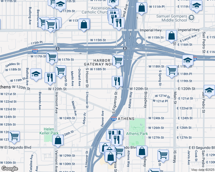 map of restaurants, bars, coffee shops, grocery stores, and more near 535 West 120th Street in Los Angeles