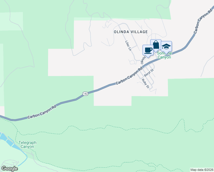 map of restaurants, bars, coffee shops, grocery stores, and more near Carbon Canyon Road in Brea