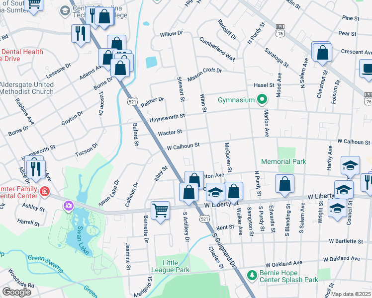 map of restaurants, bars, coffee shops, grocery stores, and more near 524 West Calhoun Street in Sumter