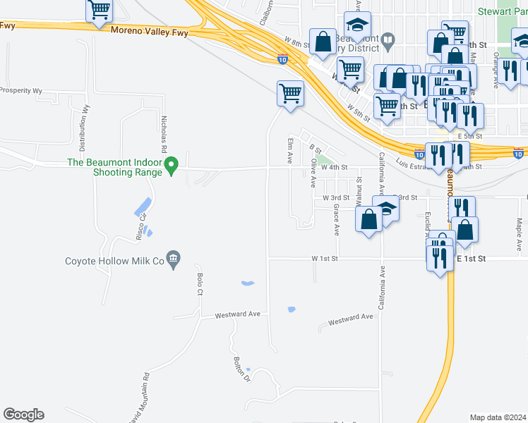 map of restaurants, bars, coffee shops, grocery stores, and more near 249 Veile Avenue in Beaumont