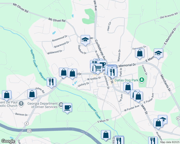 map of restaurants, bars, coffee shops, grocery stores, and more near 349 West Memorial Drive in Dallas